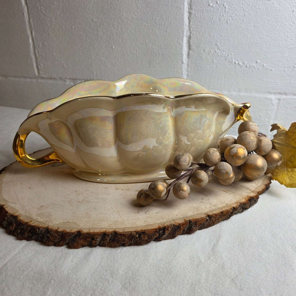 1940s Pearl China Iridescent Console Bowl Scalloped 22K Gold Plated Trim Handles